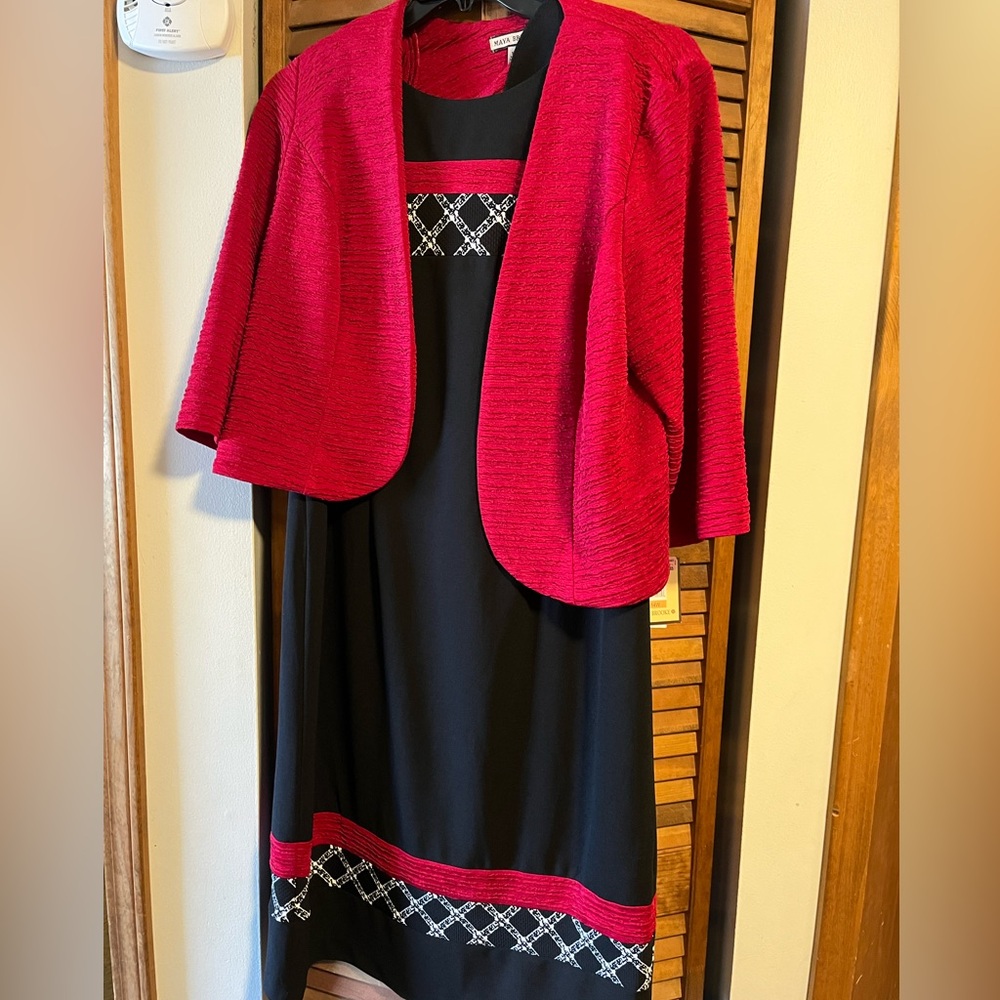 Elegant Red and Black Midi Dress with Jacket